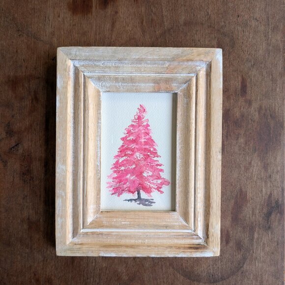 Original Watercolor Hot Pink Christmas Tree in Wooden Frame - Christmas decor - Picture 5 of 5